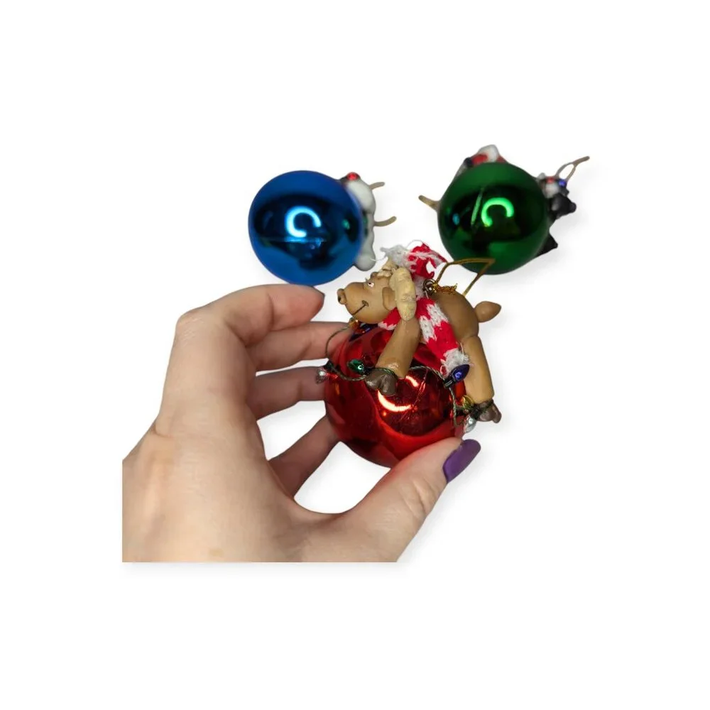 CWO Set 3 Clay Christmas Ornaments Santa Snowman Reindeer Red Blue Green Plastic